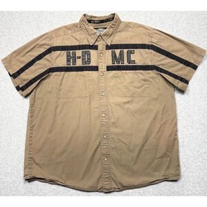 Harley Davidson Shirt Mens XL Beige HDMC Logo Biker Garage Button Up